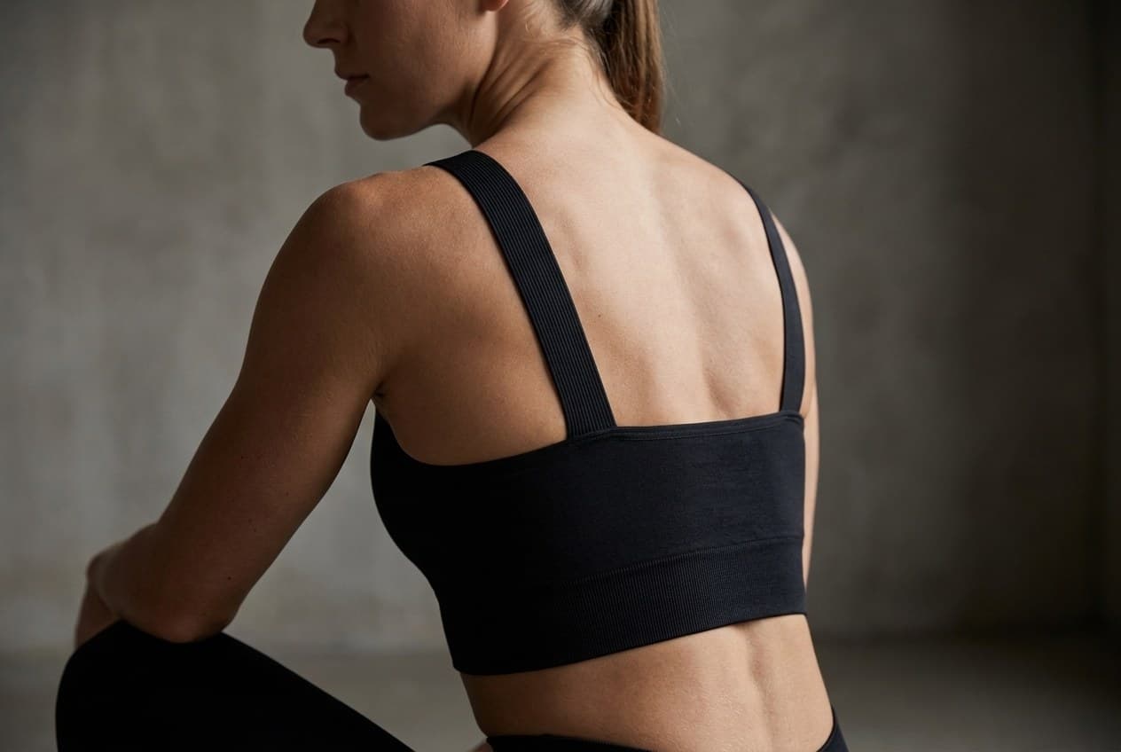 Tasteful back view highlighting the wide ribbed supportive straps and seamless construction of the AXION Contour Crop