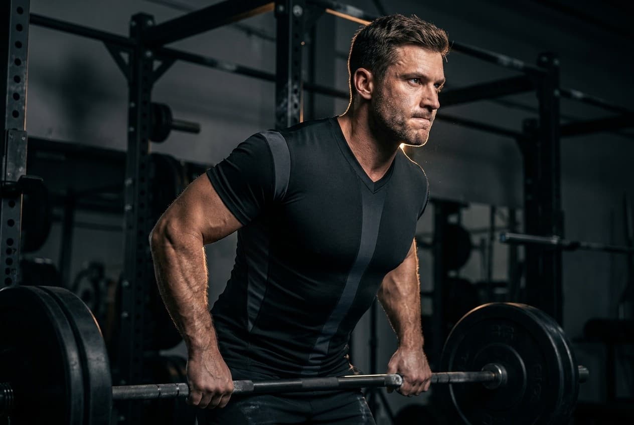 Athlete rowing a barbell in a dark gym wearing the AXION Core Tee
