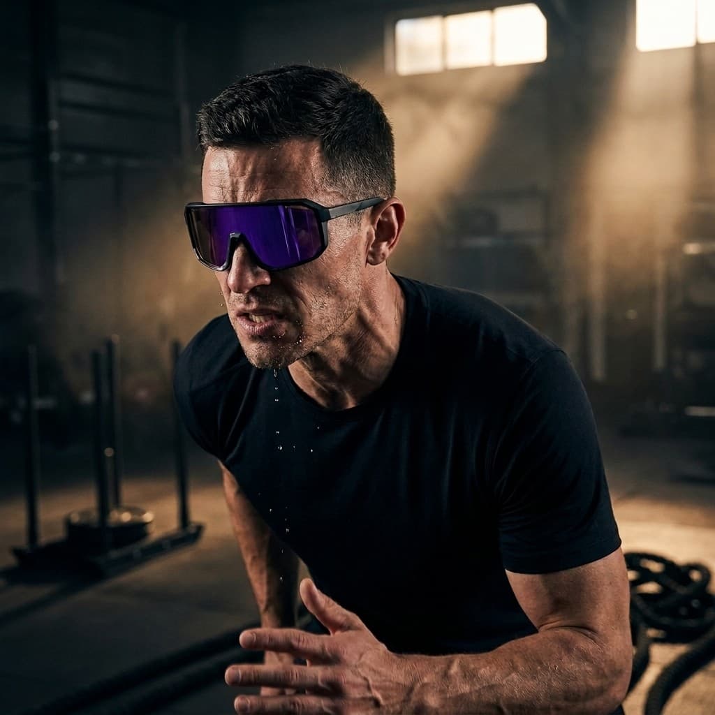 Male hybrid athlete mid-session in a functional fitness gym wearing the AXION Apex Shield sunglasses