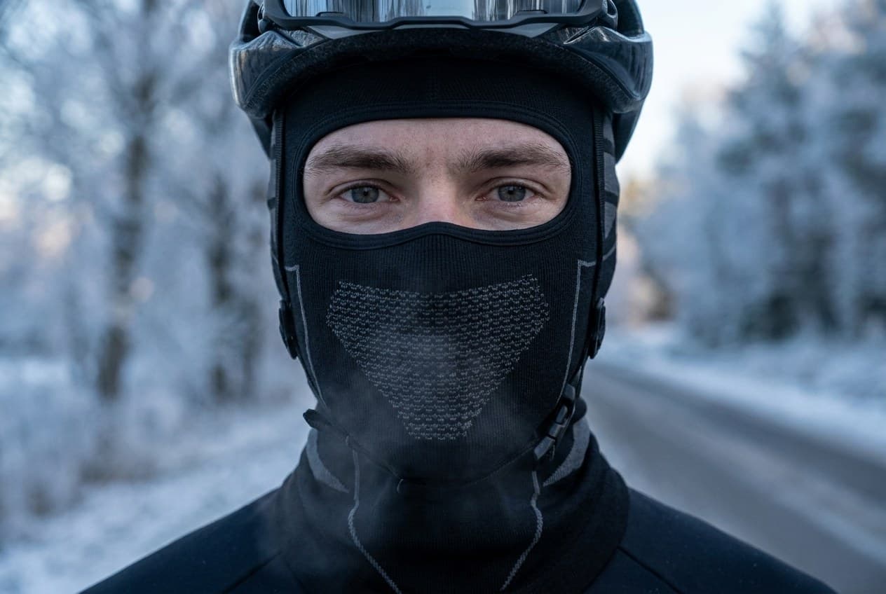 Close view of the AXION Thermal Balaclava breathable mesh mouth panel and single eye opening on a cyclist in winter