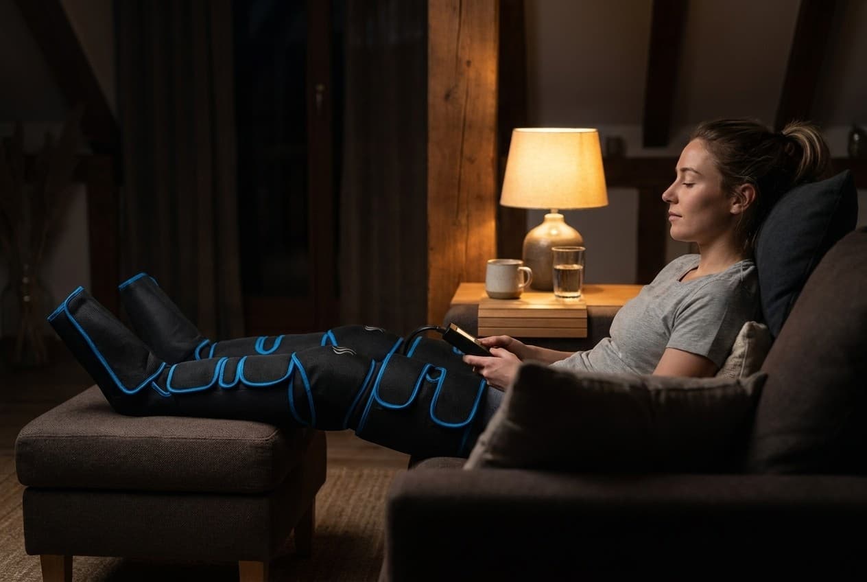Athlete relaxing on a couch wearing the AXION Recovery Boots after training
