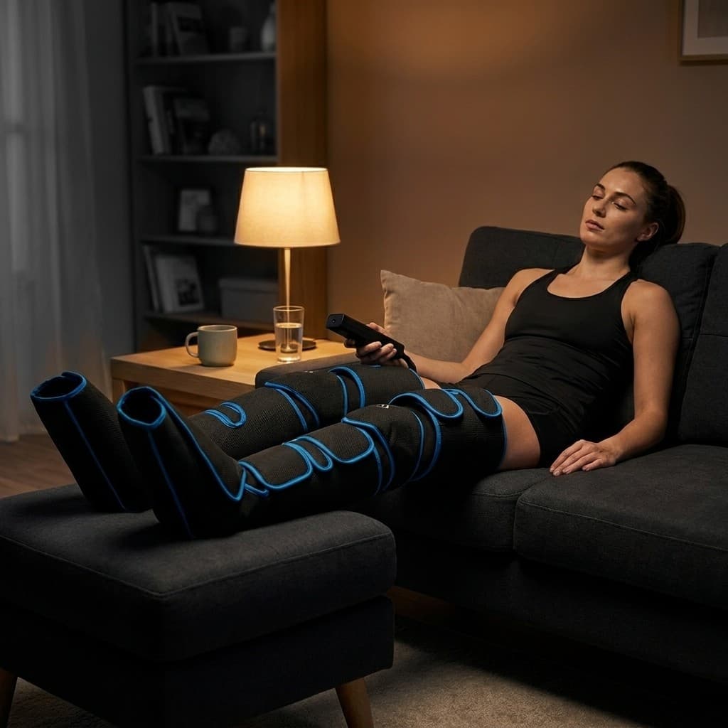 Athlete resting with legs elevated in the AXION Recovery Boots