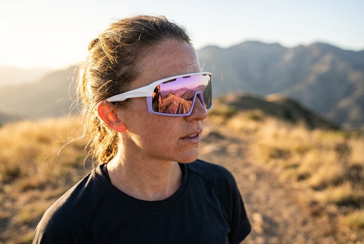 Trail runner at golden hour on a ridge wearing the AXION Horizon