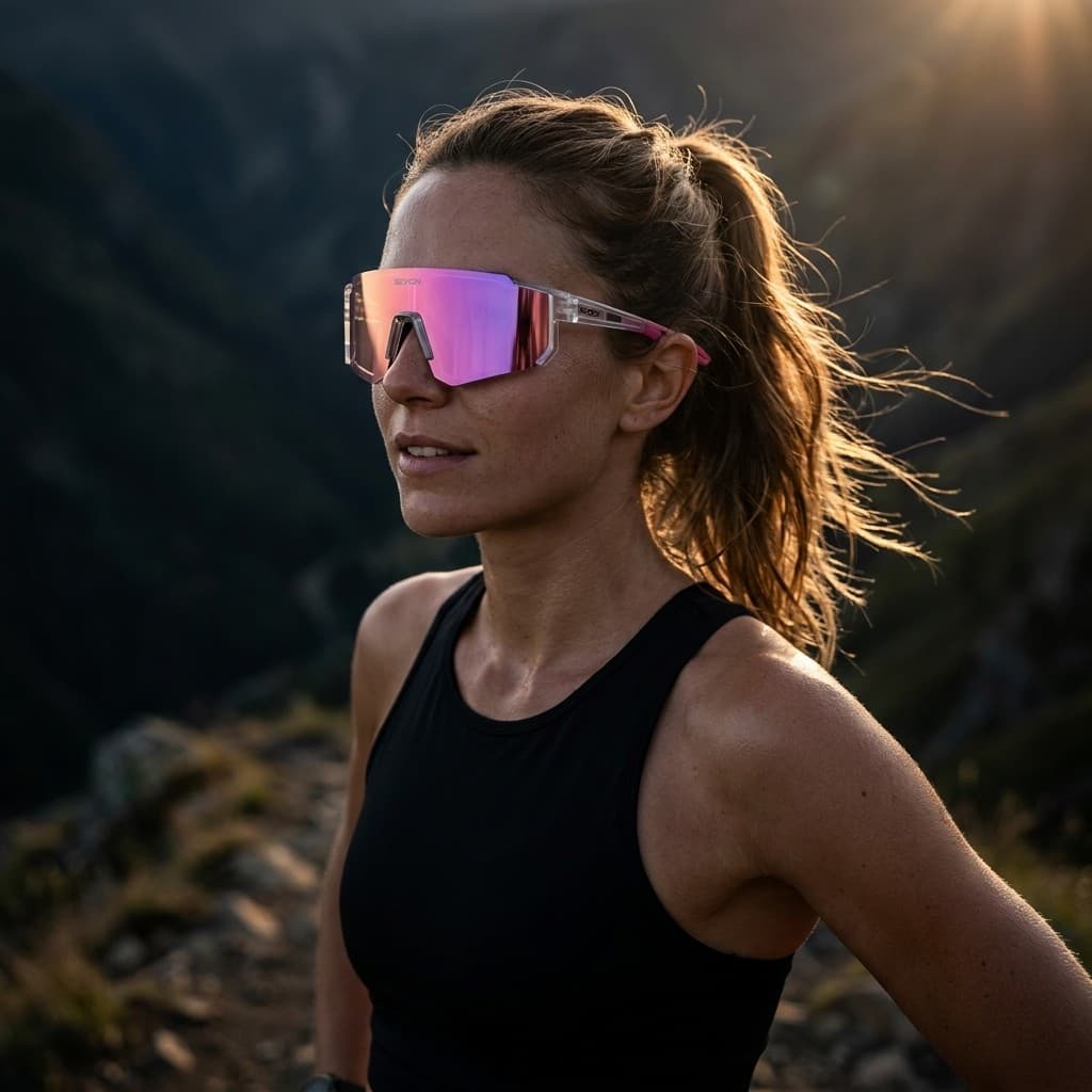 Trail runner wearing the AXION Photon Shield at golden hour
