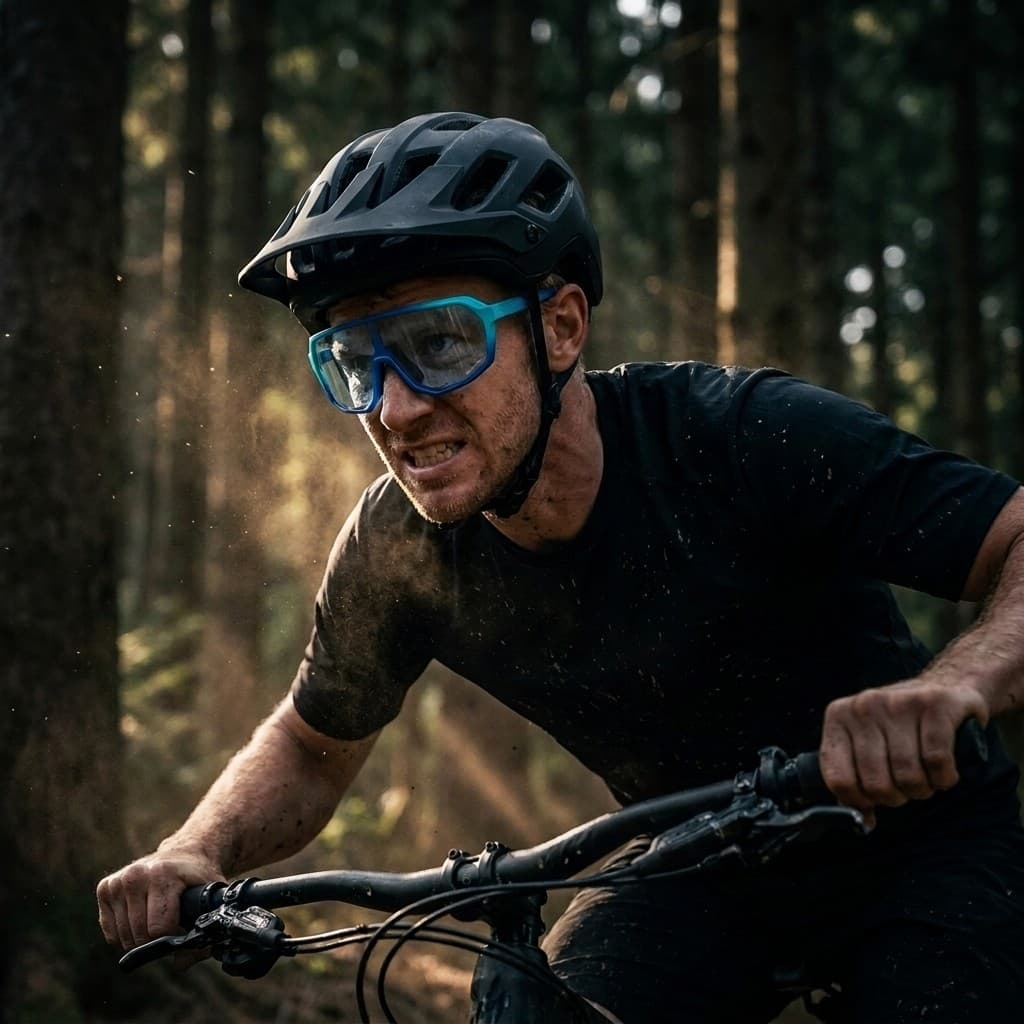 Mountain biker descending a forest trail wearing the AXION Photon X