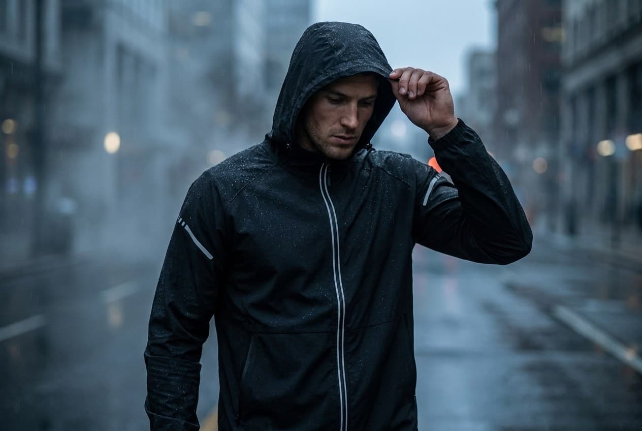 Close view of the AXION Storm Shell hood, full front zip and reflective sleeve accents with water beading on the fabric