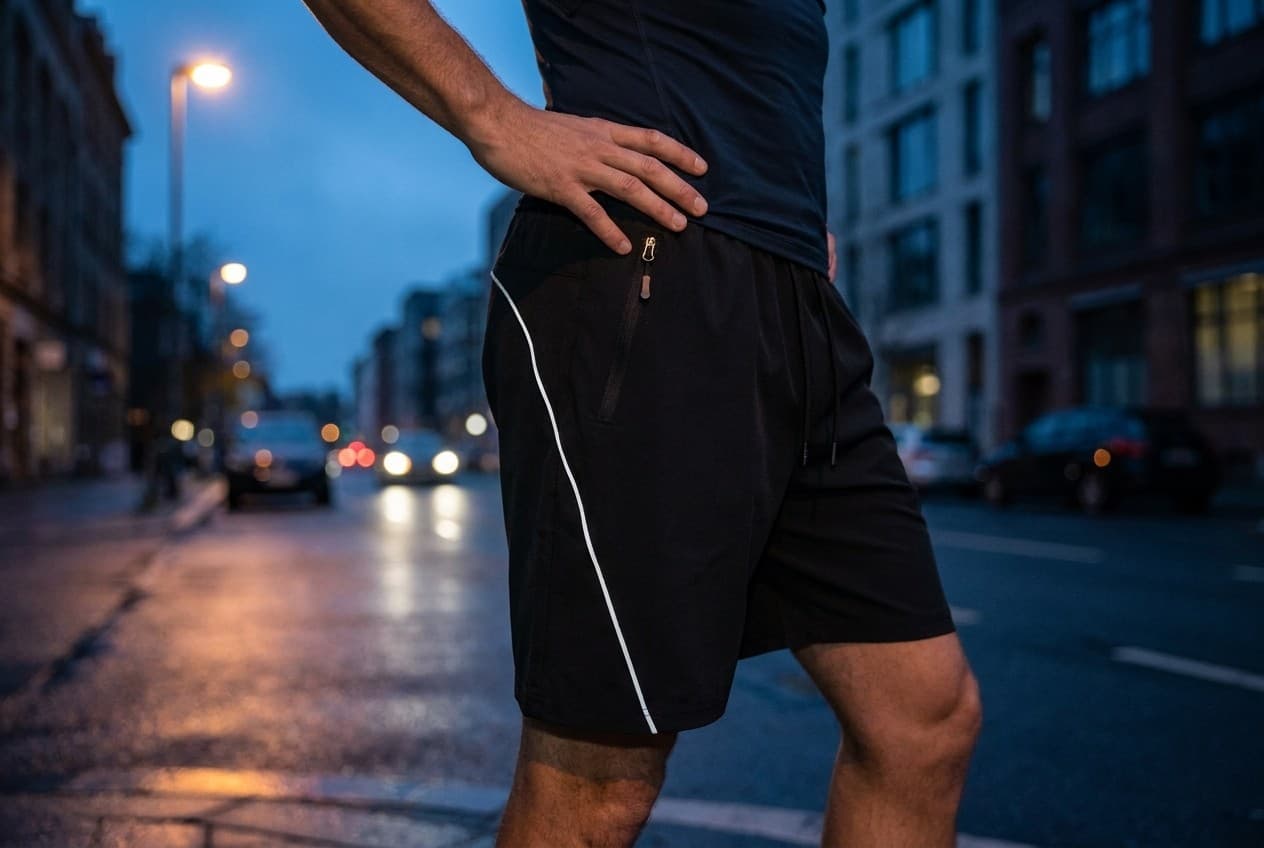 Close detail of the AXION Stride Shorts zip pocket and reflective side piping on a runner at dusk