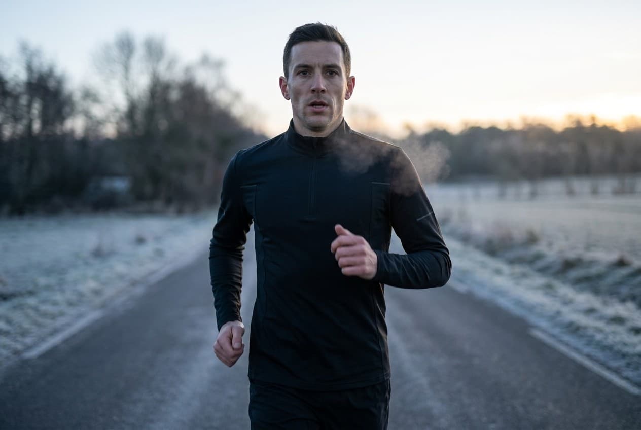 Runner on a frosty road at dawn wearing the AXION Tempo Half-Zip zipped to the collar