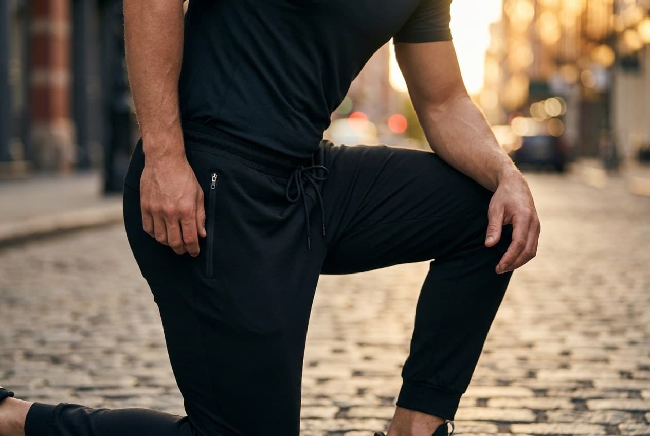 Close detail of the AXION Transit Joggers zip side pocket, drawstring waist and tapered cuffed ankle on a kneeling athlete at golden hour