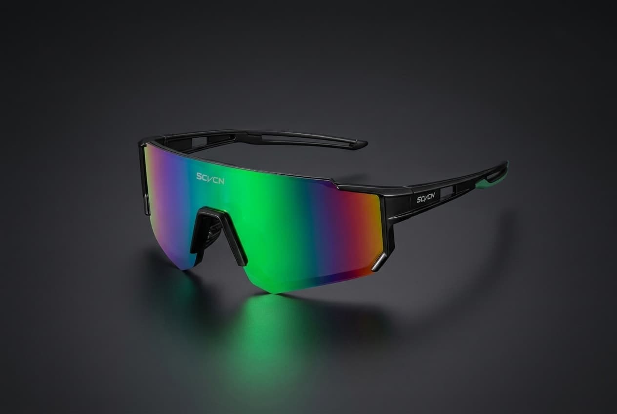 AXION Vertex Shield wraparound cycling sunglasses with rainbow revo mirror lens on a dark studio background